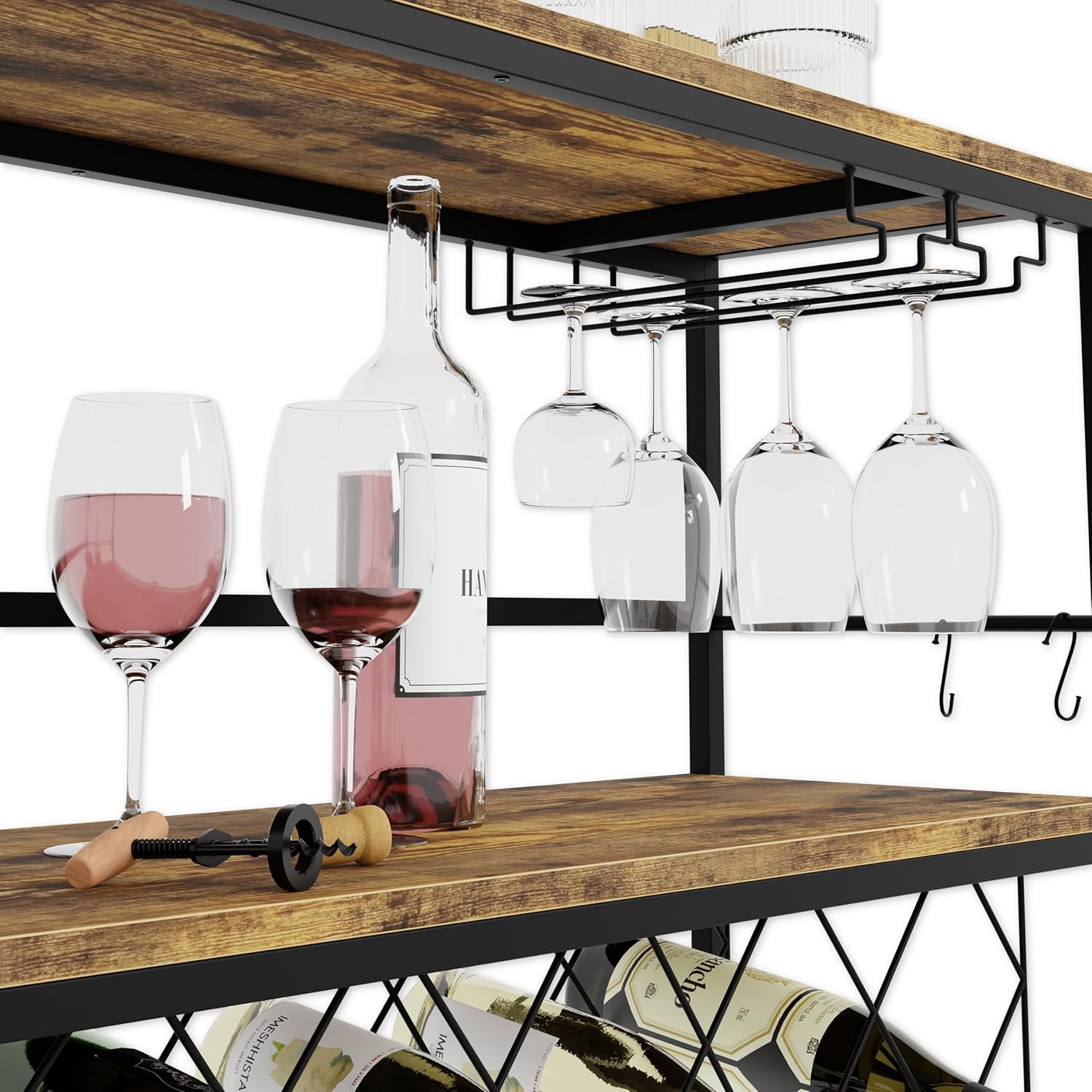 CARLA HOME Large Wine Rack with Glass Holder, Metal Designed Bottle Holder and Wood Countertop for Wine & Champagne