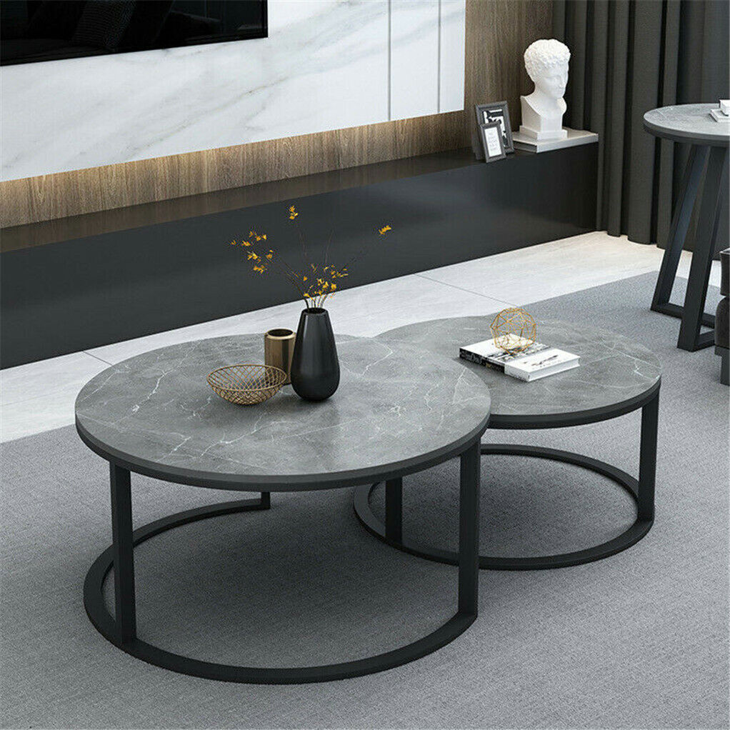 Set of 2 Grey Marble Nesting Coffee Tables 60/80cm