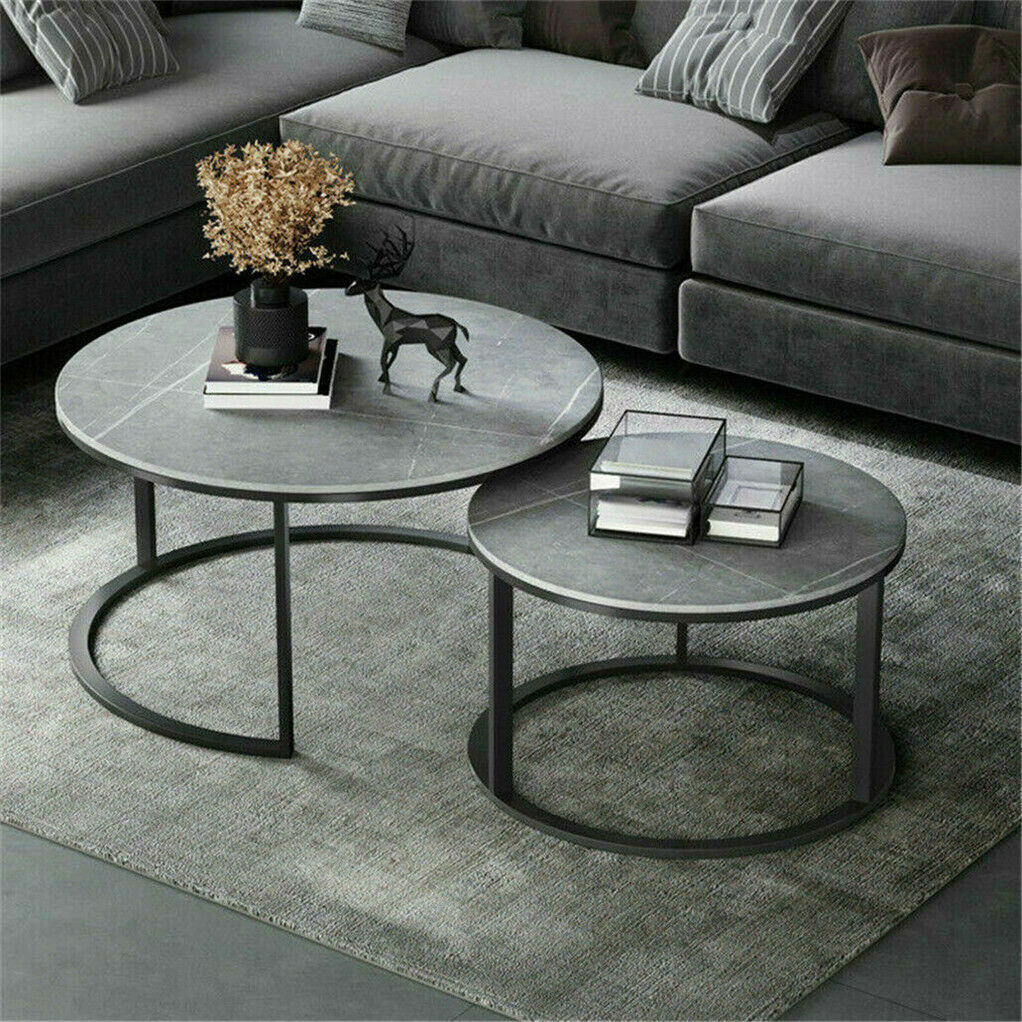 Set of 2 Grey Marble Nesting Coffee Tables 60/80cm