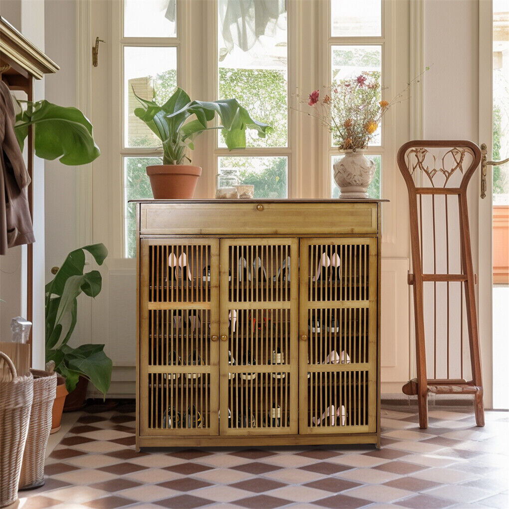 XXL 4-Tier Bamboo Shoe Rack Cabinet with Doors, Drawers