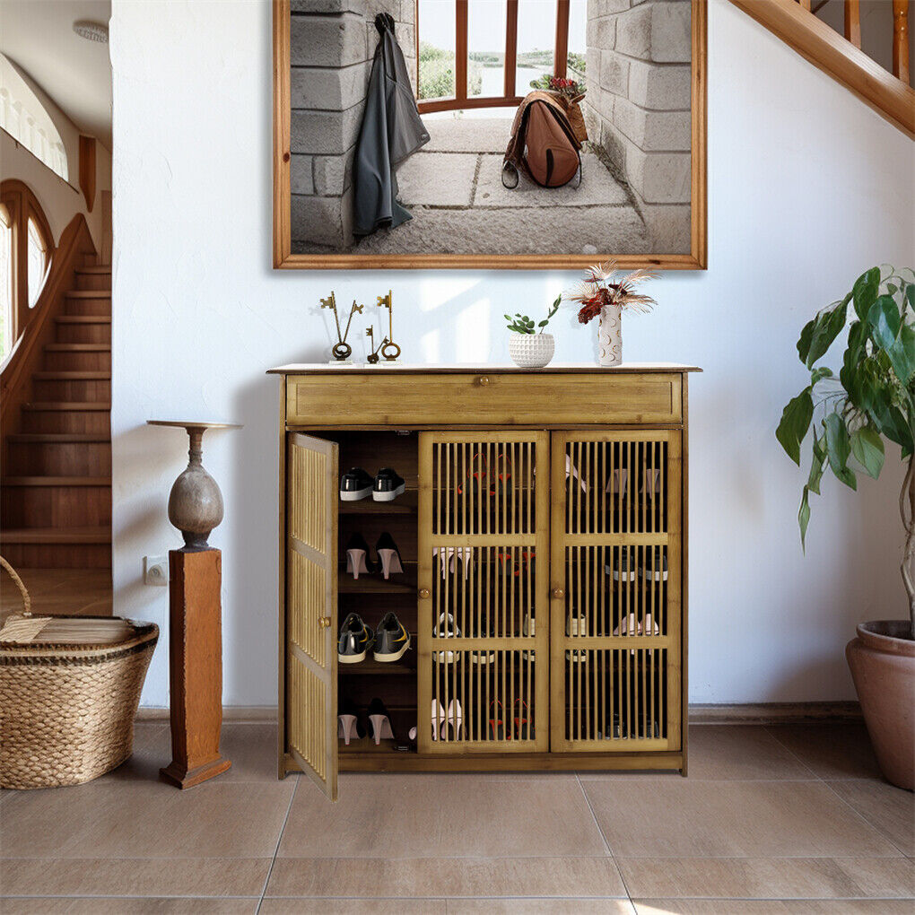 XXL 4-Tier Bamboo Shoe Rack Cabinet with Doors, Drawers