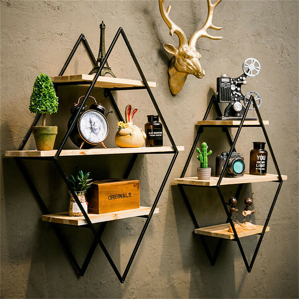 3-Tier Rustic Floating Wall Shelves Wood Display Books