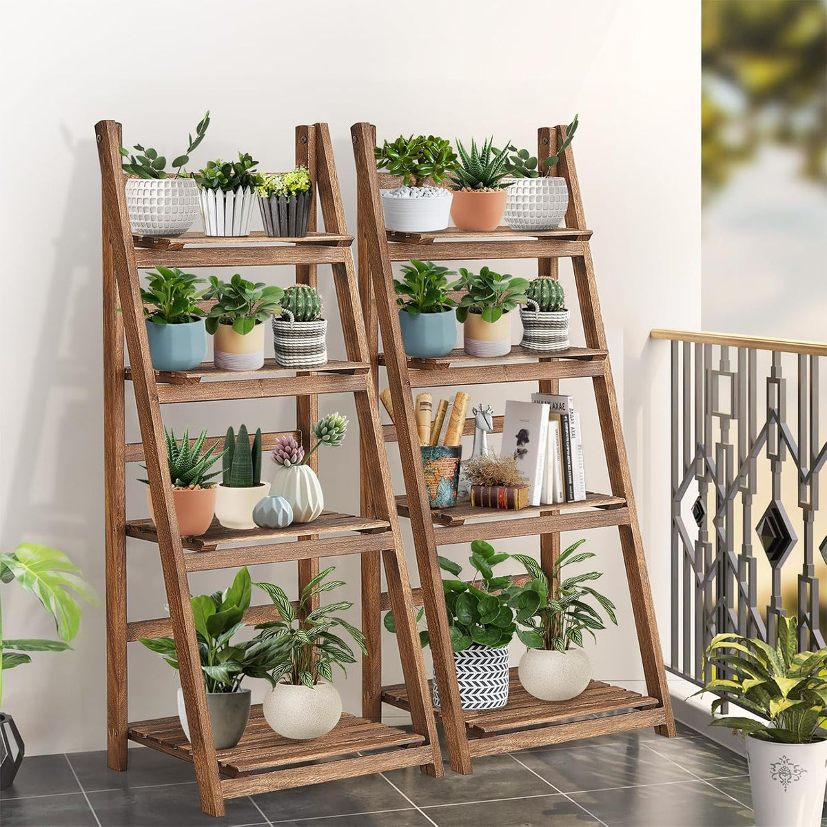 Rustic Wood 4 Tier Plant Stand Bookshelf 38CM Corner Shelf