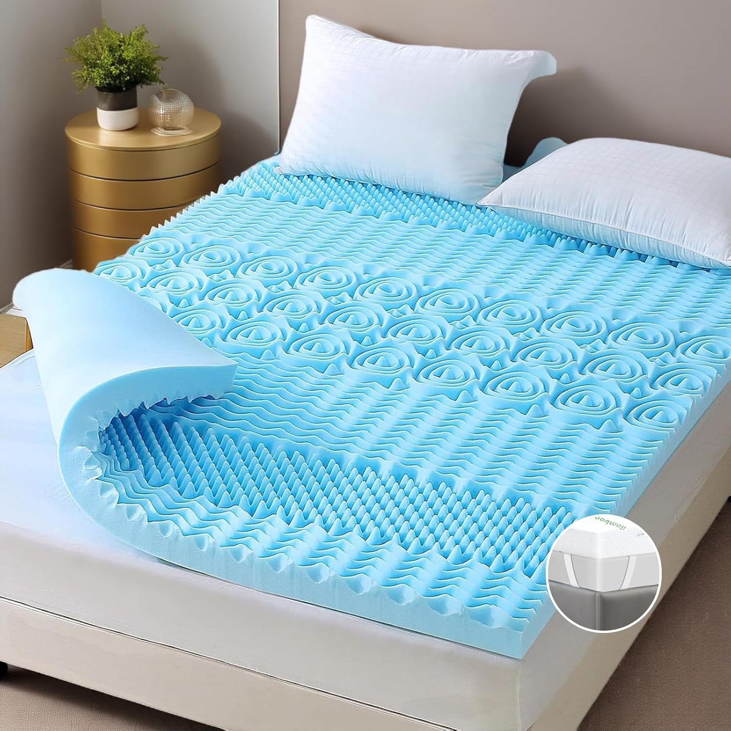 Queen Memory Foam Mattress Topper 7-Zone Bamboo Cover Breathable