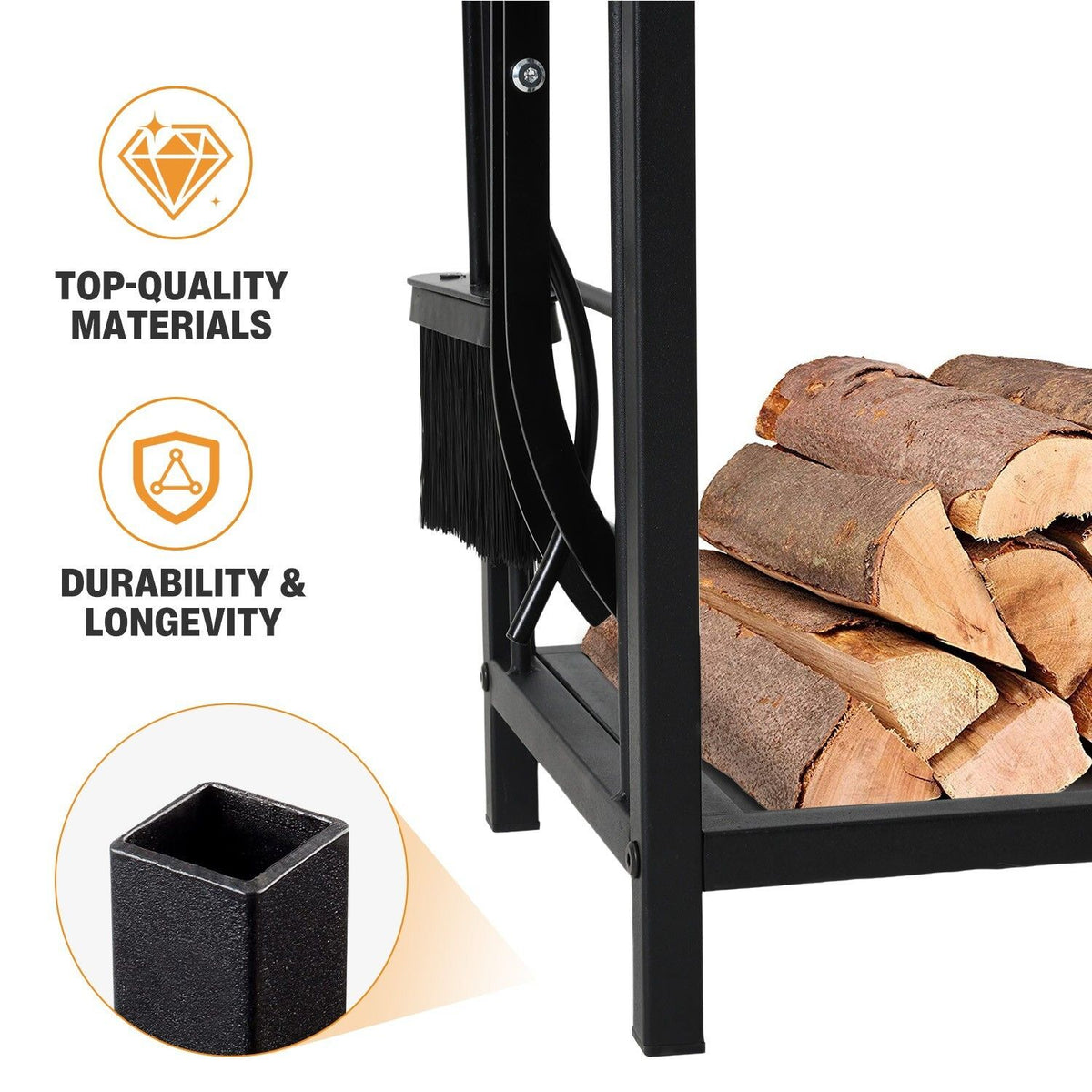 Steel Firewood Rack with Tools, Large Log Holder, 30cm Depth