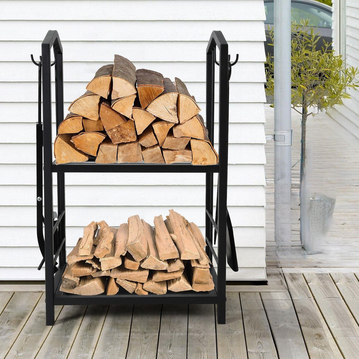 Steel Firewood Rack with Tools, Large Log Holder, 30cm Depth