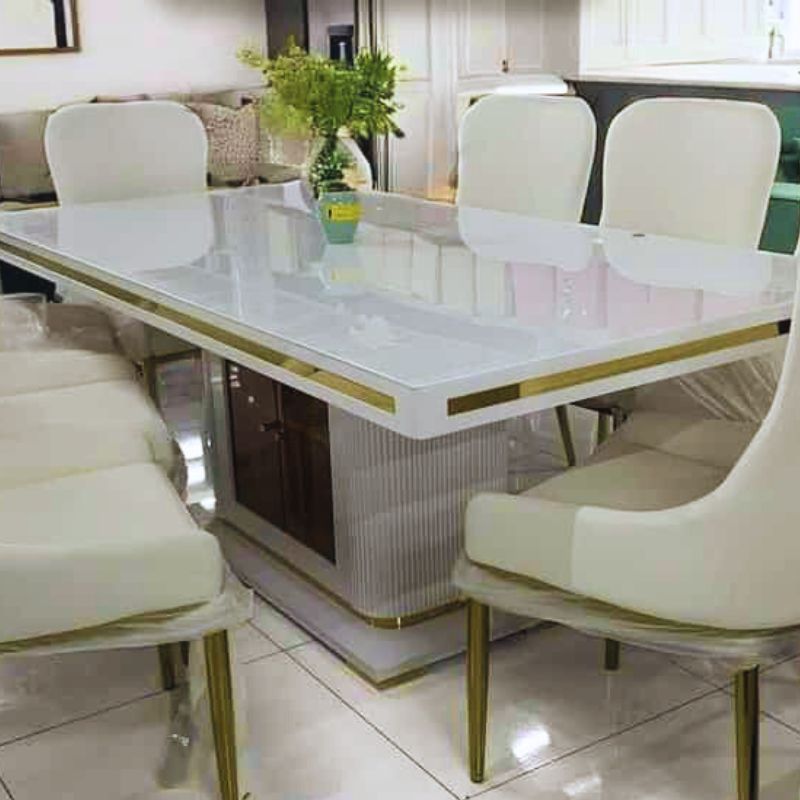Asta Luxury Tempered Glass Top High Gloss Dining Table with Storage Cabinet