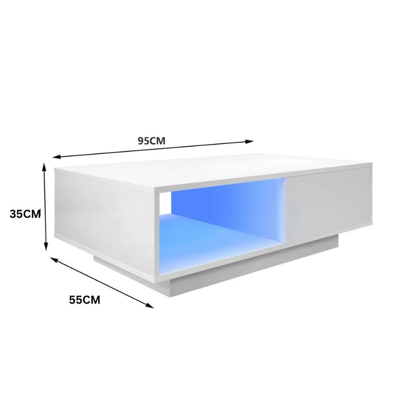 LED High Gloss Top White Coffee Table With Single Drawer