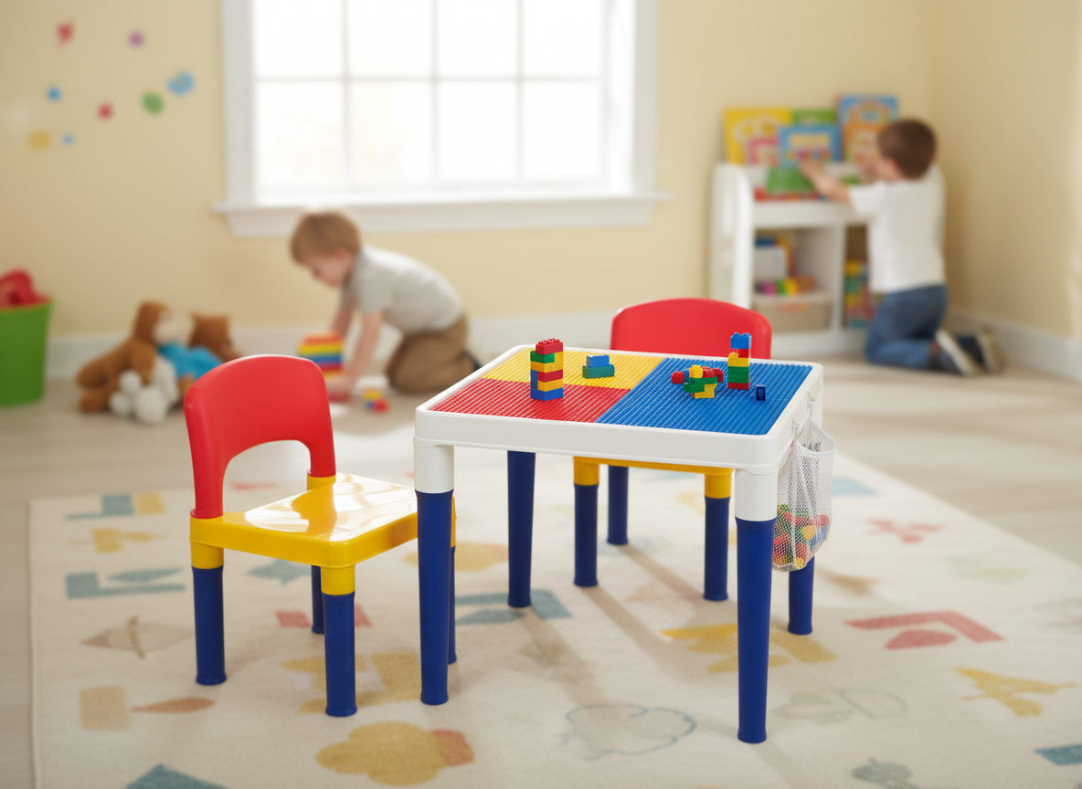 Children's 2-in-1 Building Blocks Table & Chairs Set w/ 100 Blocks