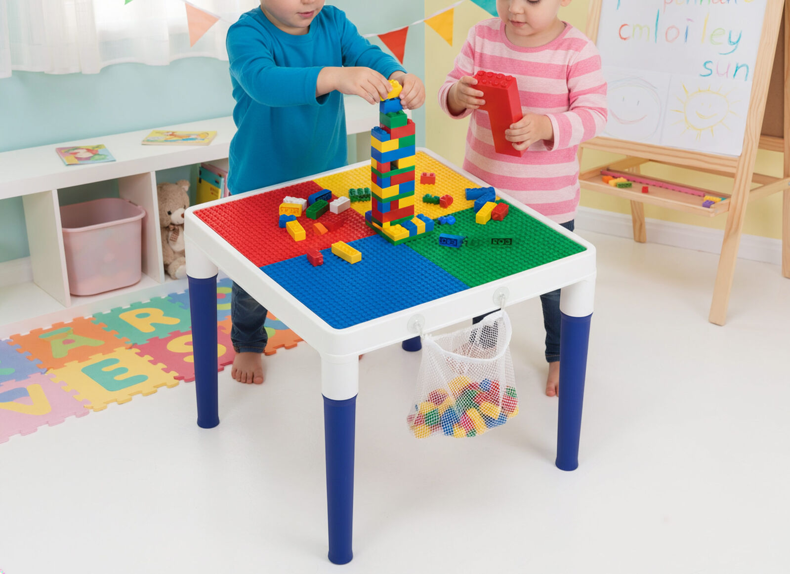 Children's 2-in-1 Building Blocks Table & Chairs Set w/ 100 Blocks