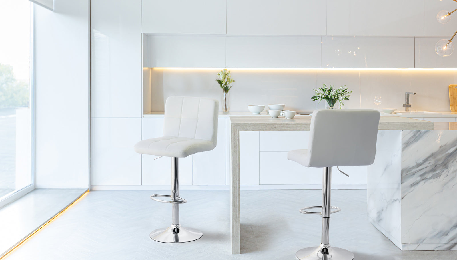 2 Tall Back Padded Leather Barstools (White), 90-110cm