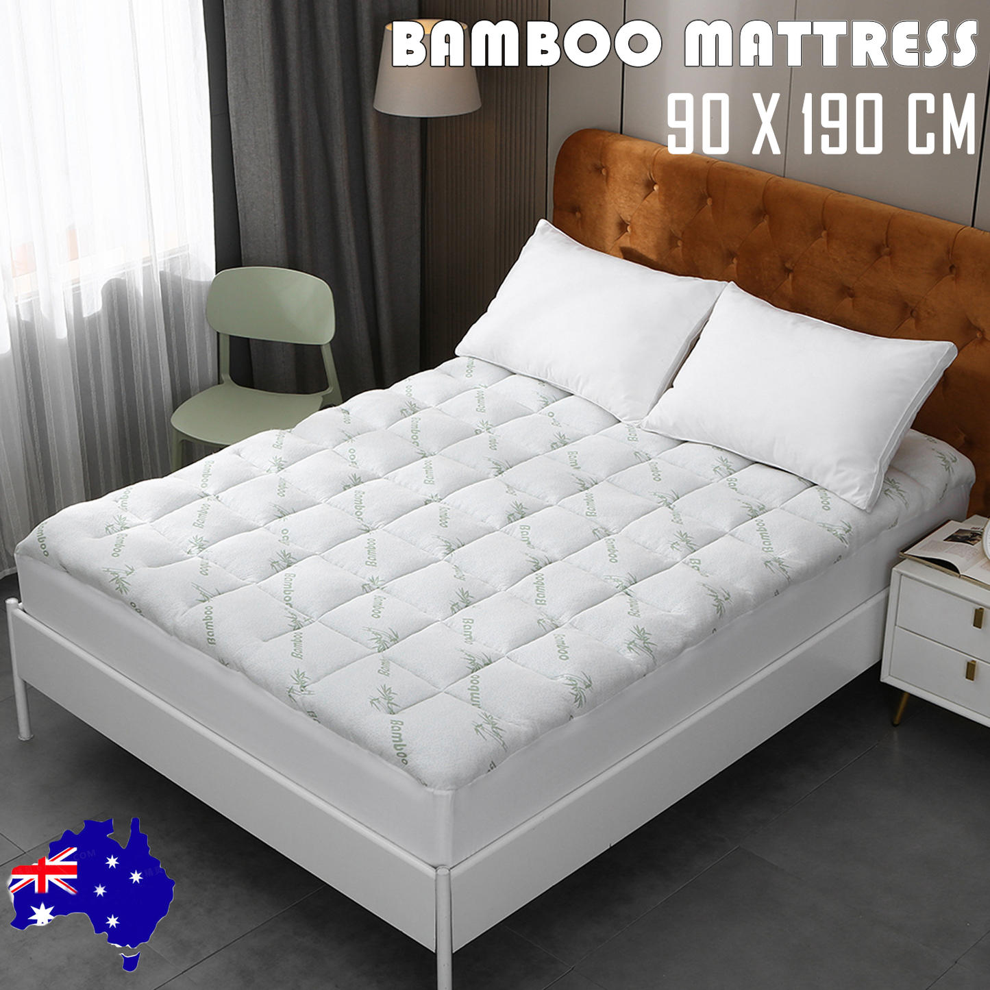 Bamboo Pillowtop Mattress Topper Luxury Bedding Mat Pad Protector Cover Single 90 x 190 cm