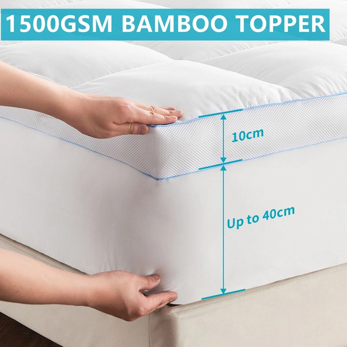 1500GSM Bamboo Mattress Topper Extra Thick 10CM Bed Topper Queen: 152 x 203 + 40 cm