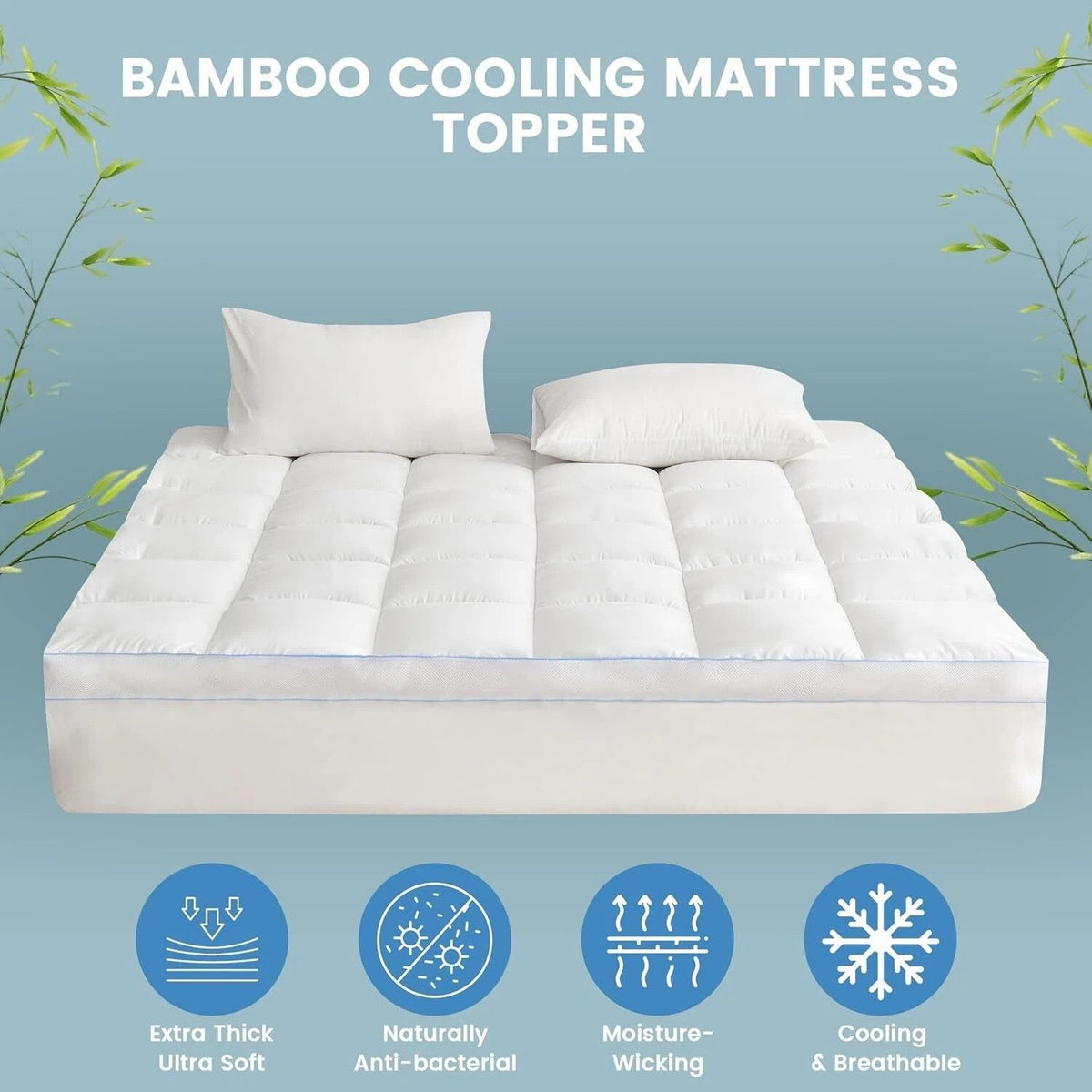 1500GSM Bamboo Mattress Topper Extra Thick 10CM Bed Topper Queen: 152 x 203 + 40 cm