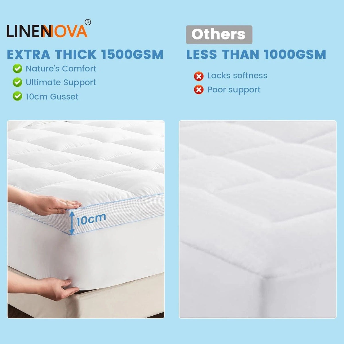 1500GSM Bamboo Mattress Topper Extra Thick 10CM Bed Topper super King: 203 x 203 + 40 cm