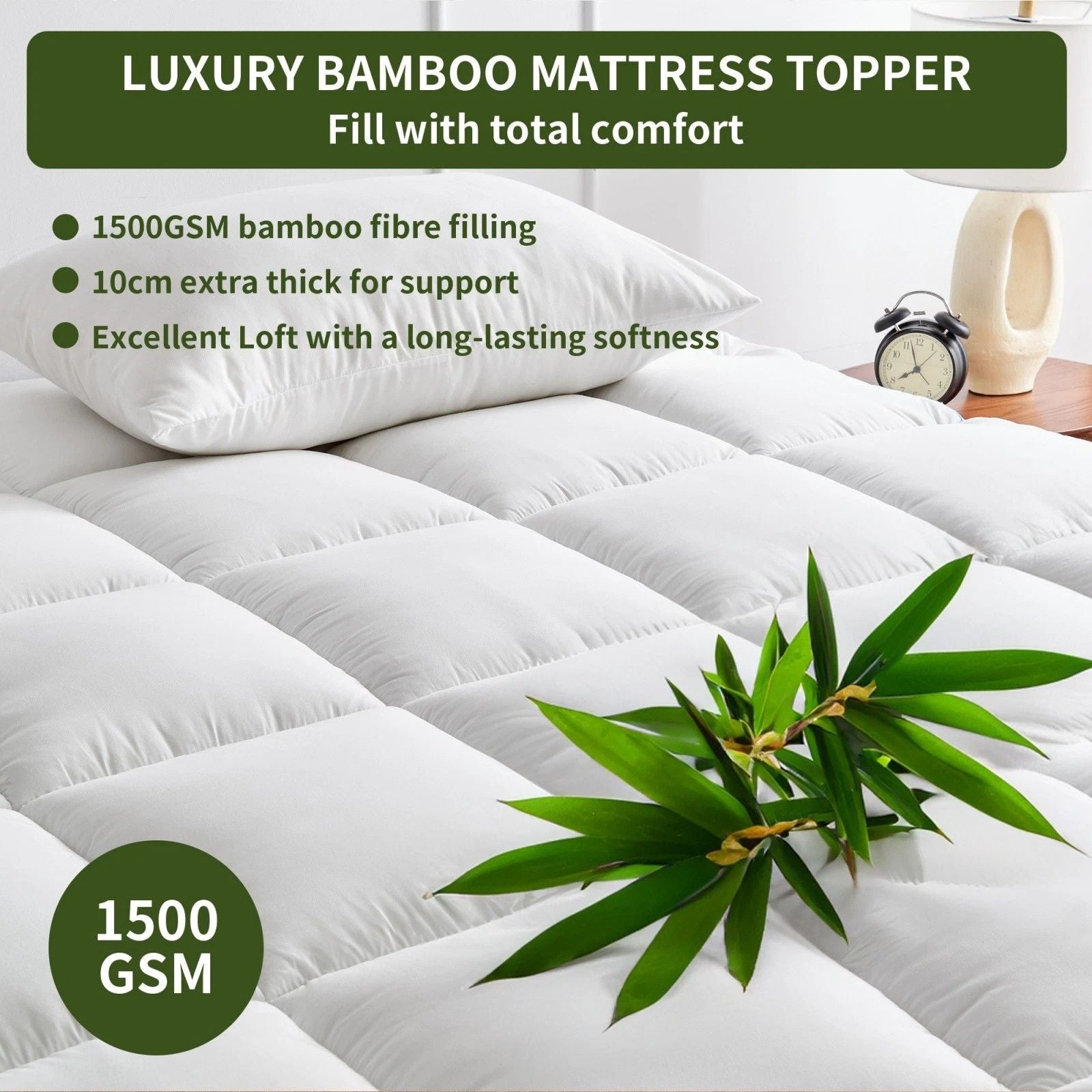 1500GSM Bamboo Mattress Topper Extra Thick 10CM Bed Topper super King: 203 x 203 + 40 cm