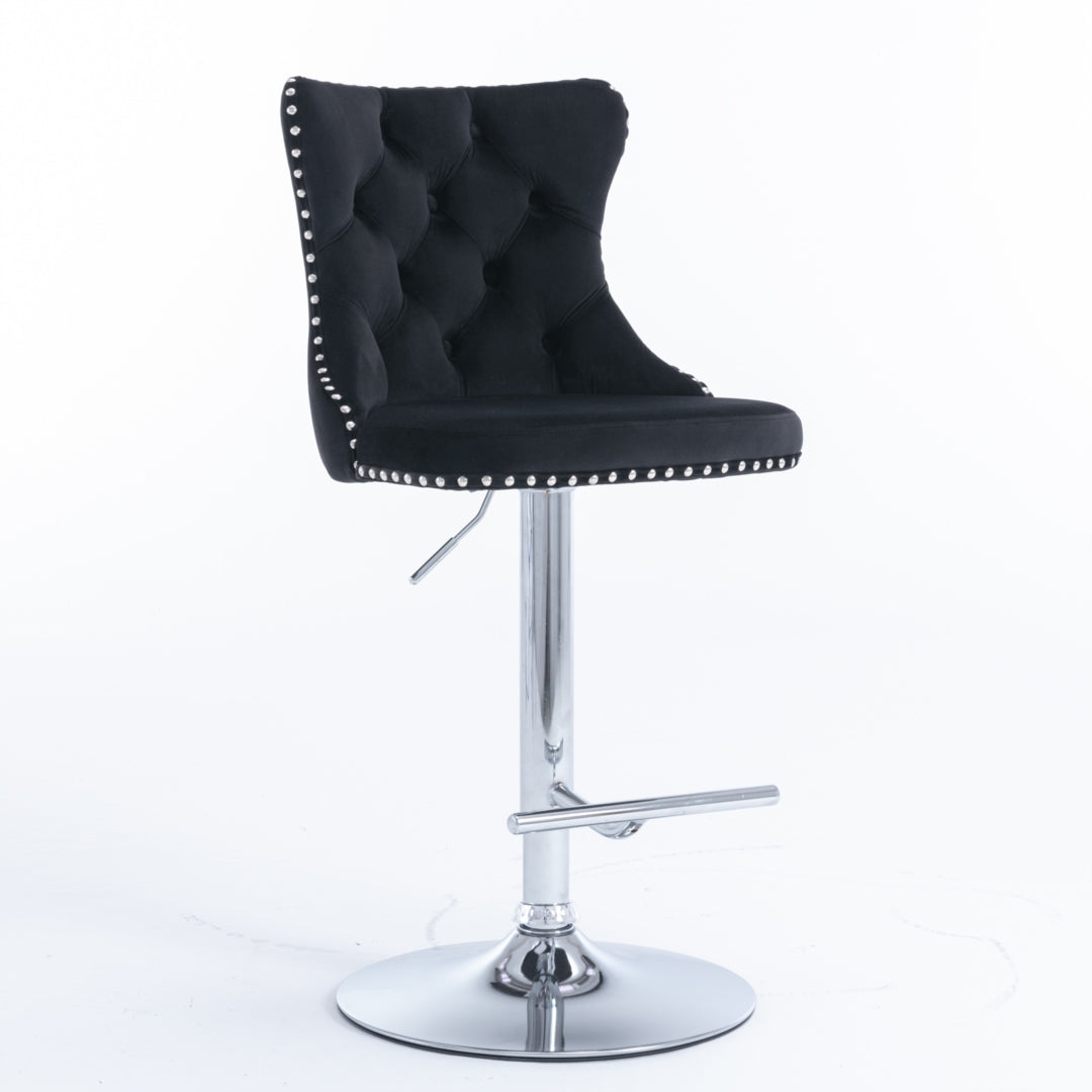 4x Height Adjustable Swivel Bar Stool Velvet Studs Barstool, Black