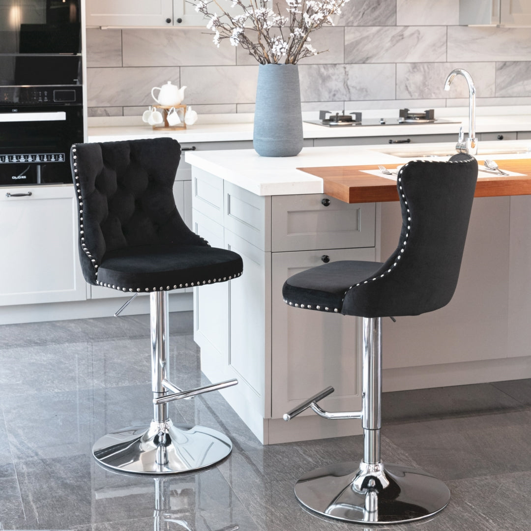 4x Height Adjustable Swivel Bar Stool Velvet Studs Barstool, Black
