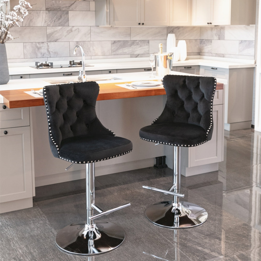 4x Height Adjustable Swivel Bar Stool Velvet Studs Barstool, Black