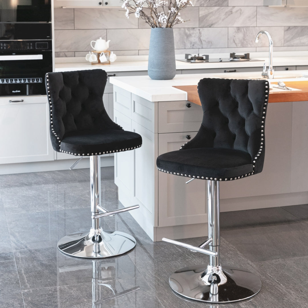 4x Height Adjustable Swivel Bar Stool Velvet Studs Barstool, Black