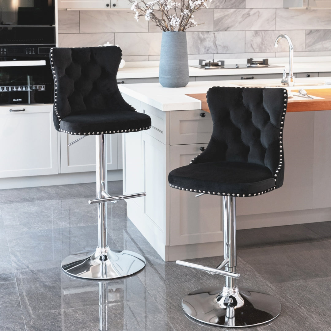 4x Height Adjustable Swivel Bar Stool Velvet Studs Barstool, Black