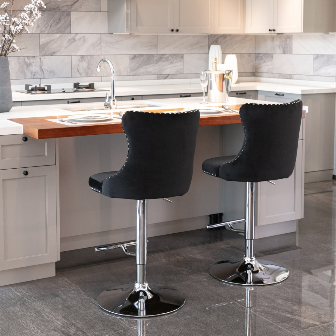 4x Height Adjustable Swivel Bar Stool Velvet Studs Barstool, Black