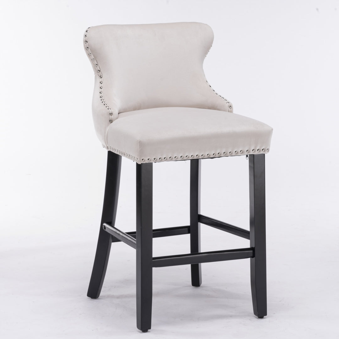 4x Velvet Upholstered Button Tufted Bar Stools with Wood, Beige