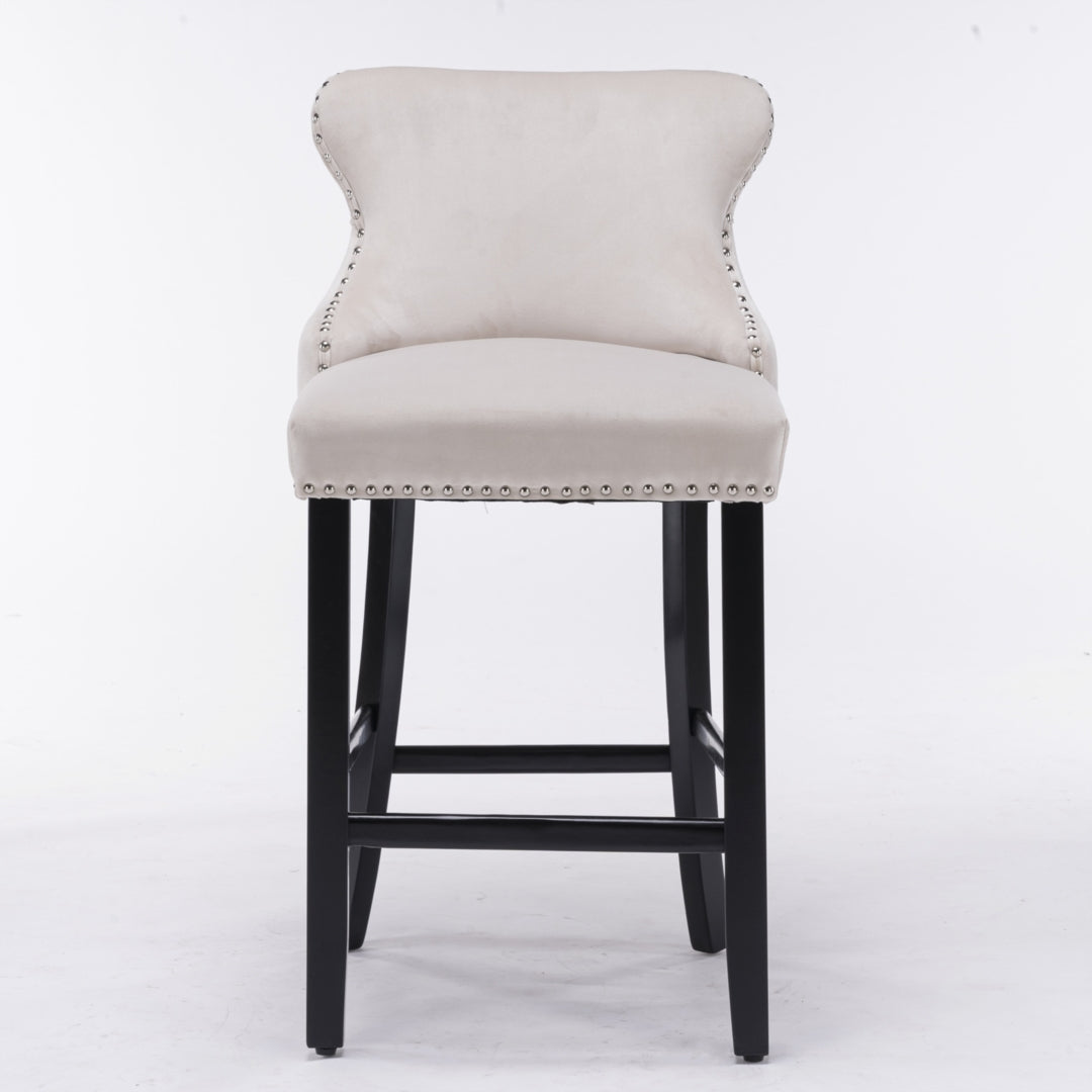 4x Velvet Upholstered Button Tufted Bar Stools with Wood, Beige