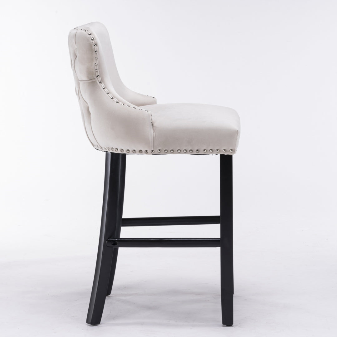 4x Velvet Upholstered Button Tufted Bar Stools with Wood, Beige