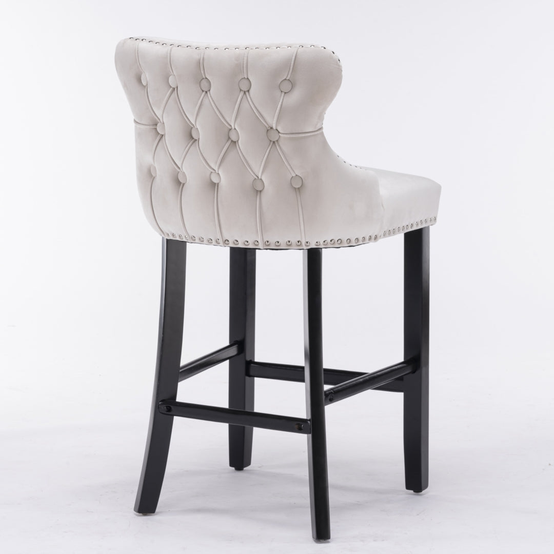 4x Velvet Upholstered Button Tufted Bar Stools with Wood, Beige