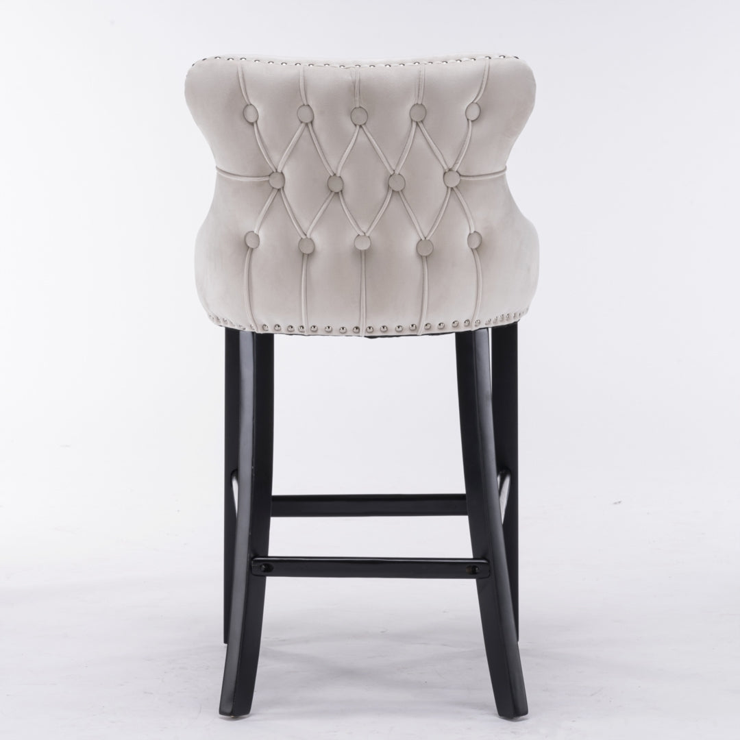 4x Velvet Upholstered Button Tufted Bar Stools with Wood, Beige