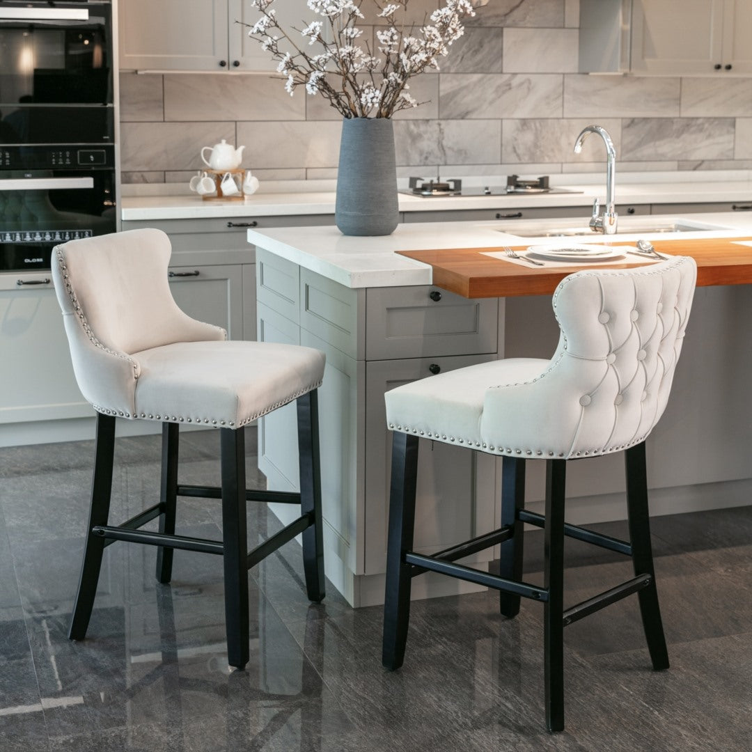4x Velvet Upholstered Button Tufted Bar Stools with Wood, Beige
