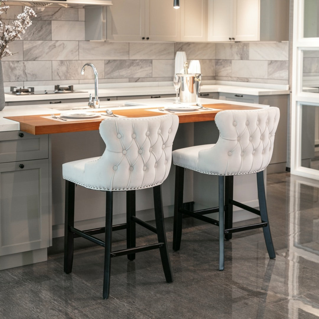 4x Velvet Upholstered Button Tufted Bar Stools with Wood, Beige