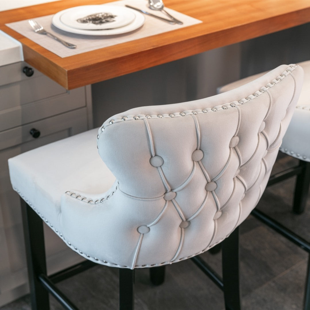 4x Velvet Upholstered Button Tufted Bar Stools with Wood, Beige