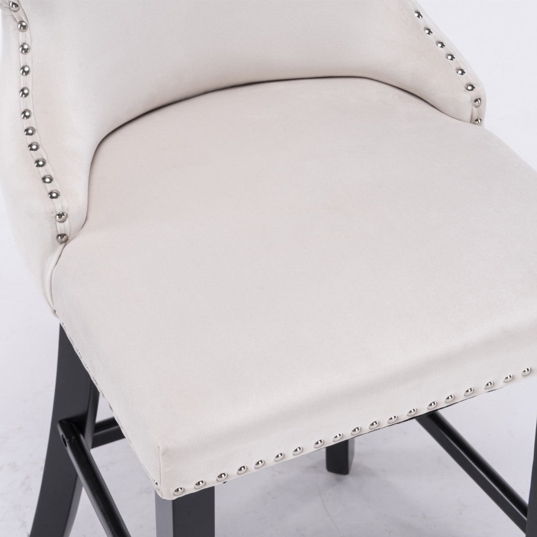4x Velvet Upholstered Button Tufted Bar Stools with Wood, Beige