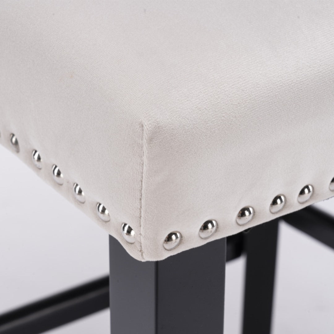 4x Velvet Upholstered Button Tufted Bar Stools with Wood, Beige