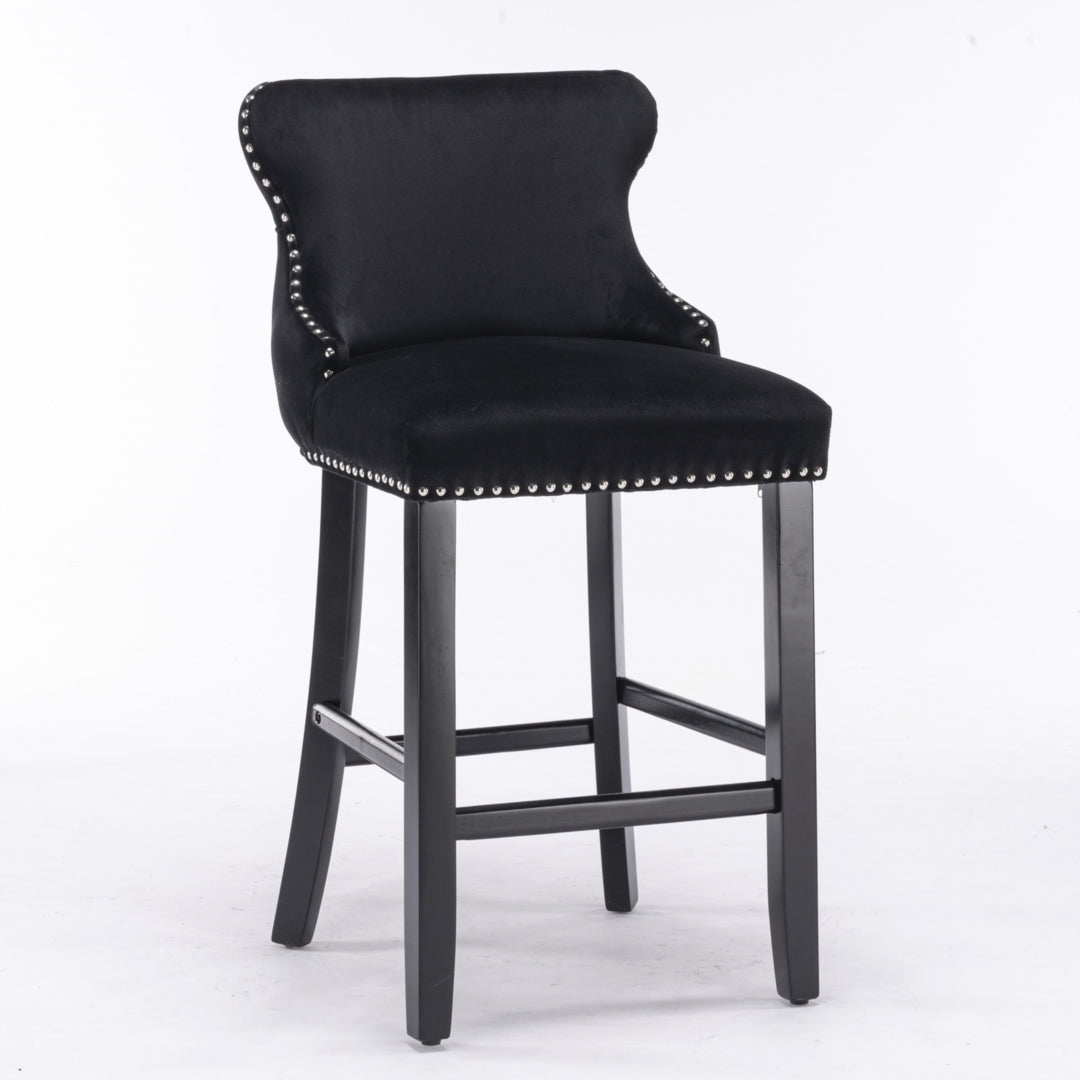 4x Velvet Upholstered Button Tufted Bar Stools with Wood, Black