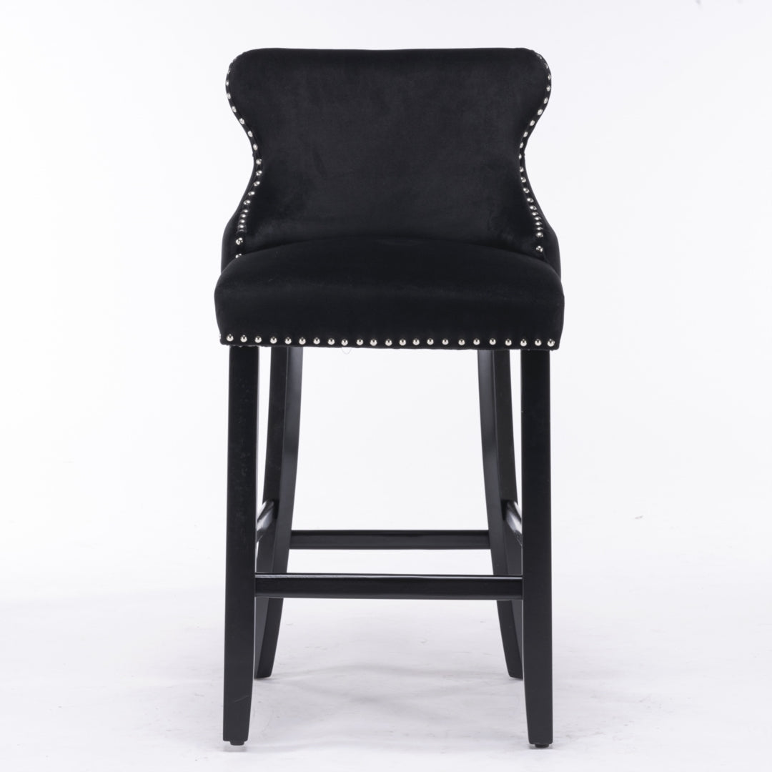 4x Velvet Upholstered Button Tufted Bar Stools with Wood, Black