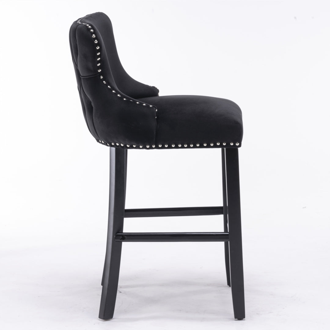 4x Velvet Upholstered Button Tufted Bar Stools with Wood, Black