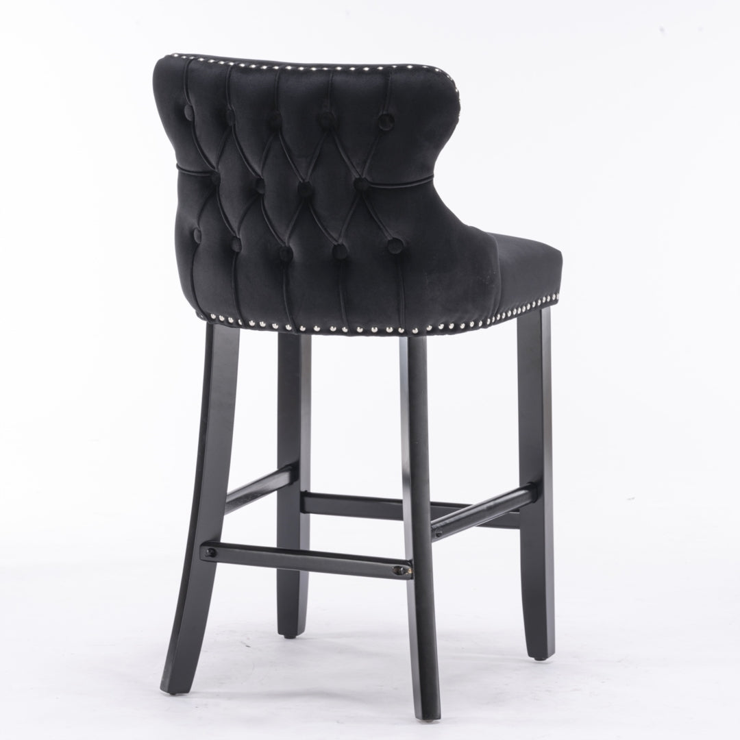 4x Velvet Upholstered Button Tufted Bar Stools with Wood, Black