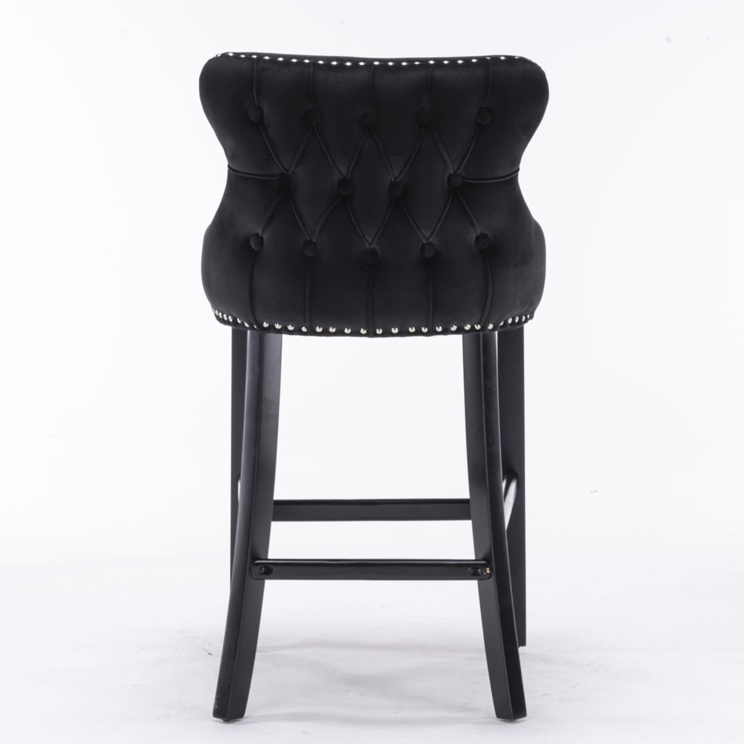 4x Velvet Upholstered Button Tufted Bar Stools with Wood, Black