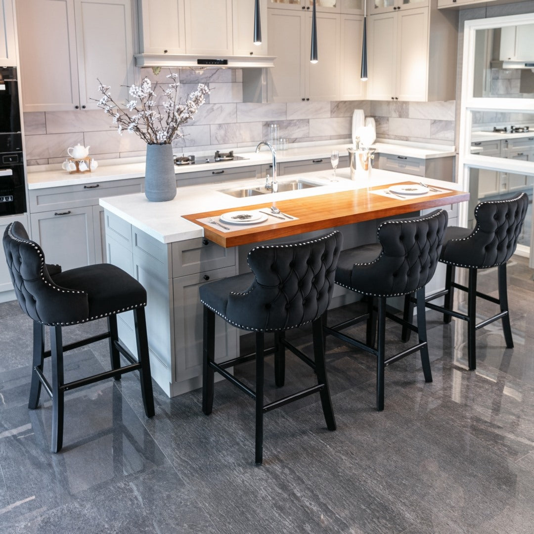 4x Velvet Upholstered Button Tufted Bar Stools with Wood, Black
