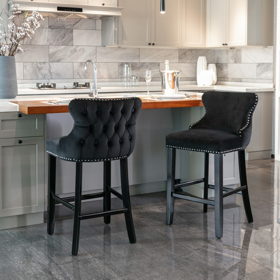 4x Velvet Upholstered Button Tufted Bar Stools with Wood, Black