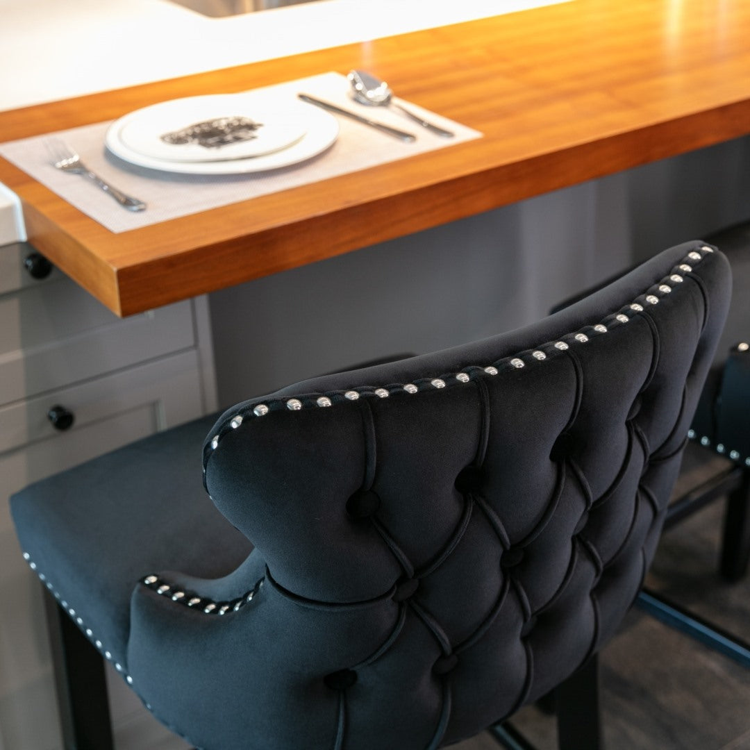 4x Velvet Upholstered Button Tufted Bar Stools with Wood, Black