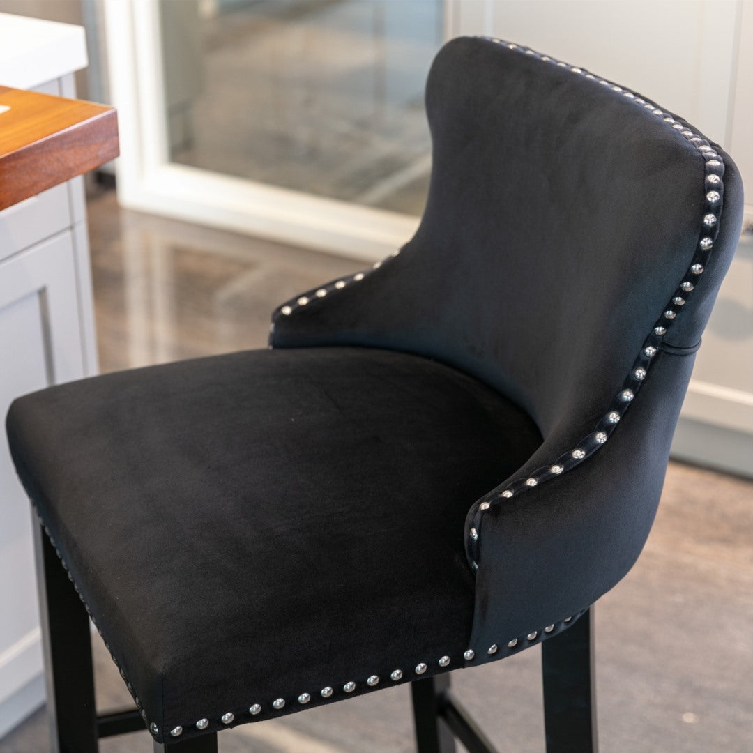 4x Velvet Upholstered Button Tufted Bar Stools with Wood, Black