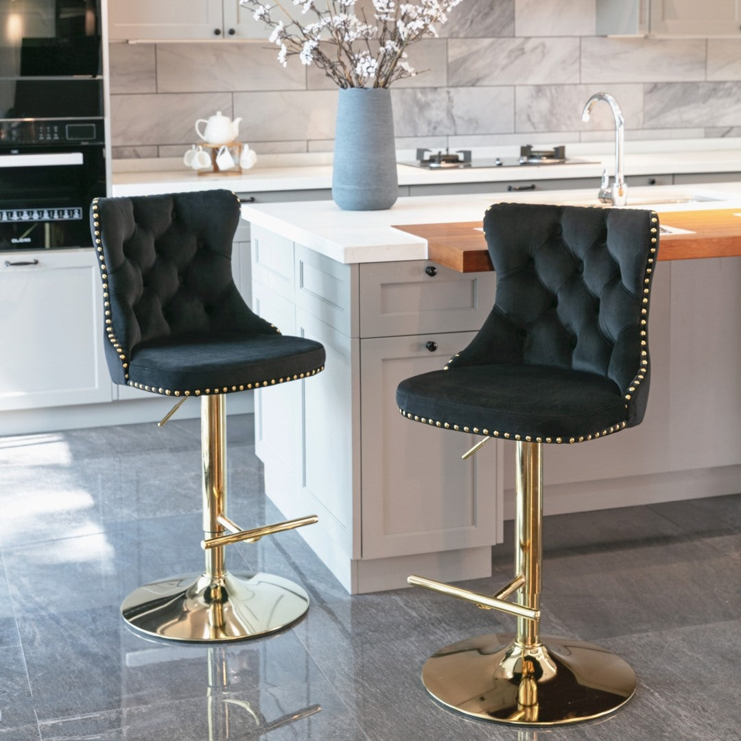 4x Height Adjustable Swivel Bar Stool Velvet Studs Barstool, Black