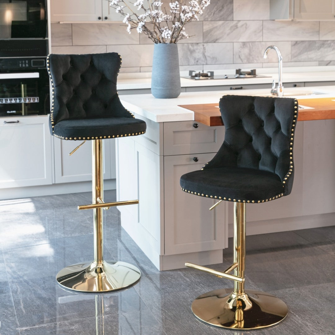 4x Height Adjustable Swivel Bar Stool Velvet Studs Barstool, Black