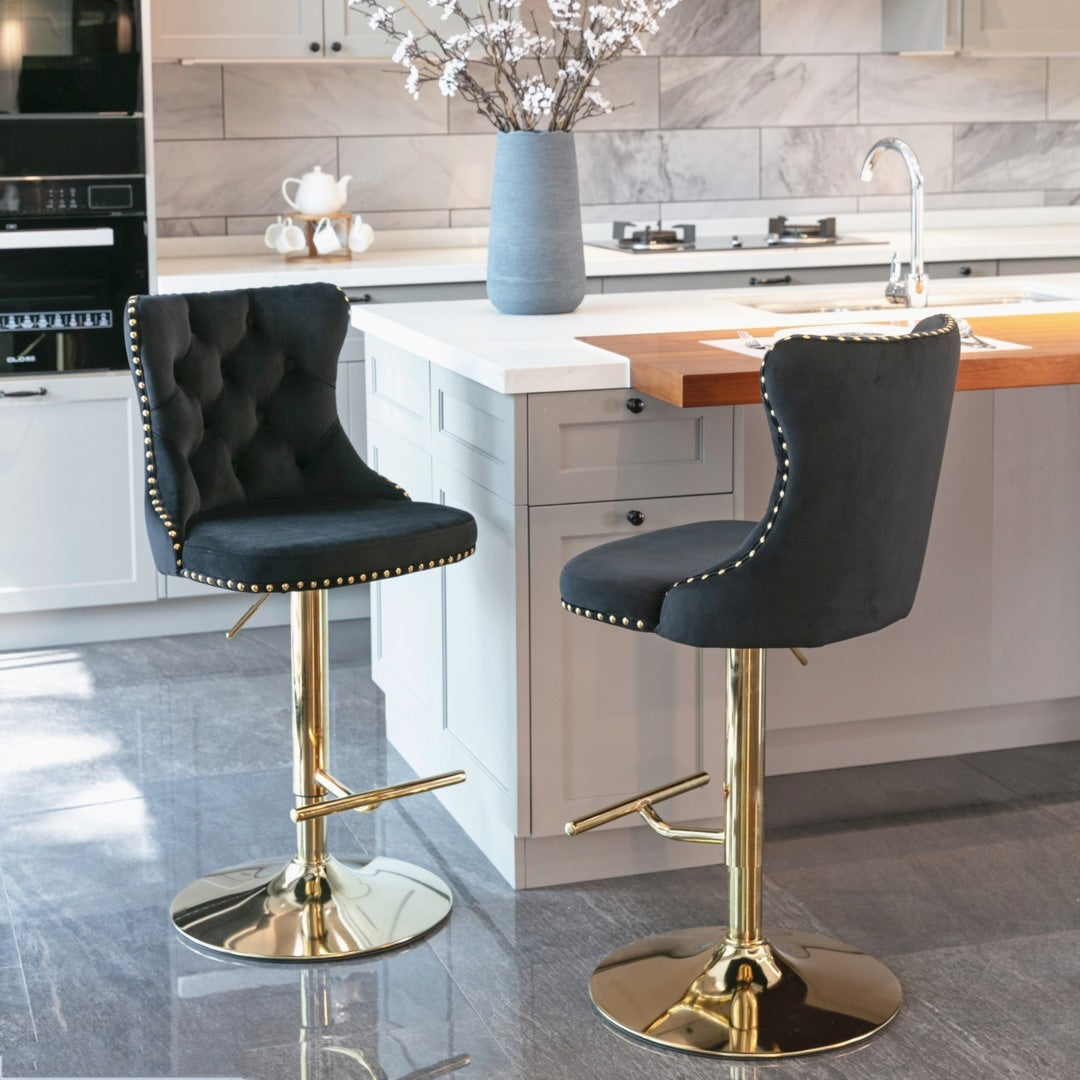 4x Height Adjustable Swivel Bar Stool Velvet Studs Barstool, Black