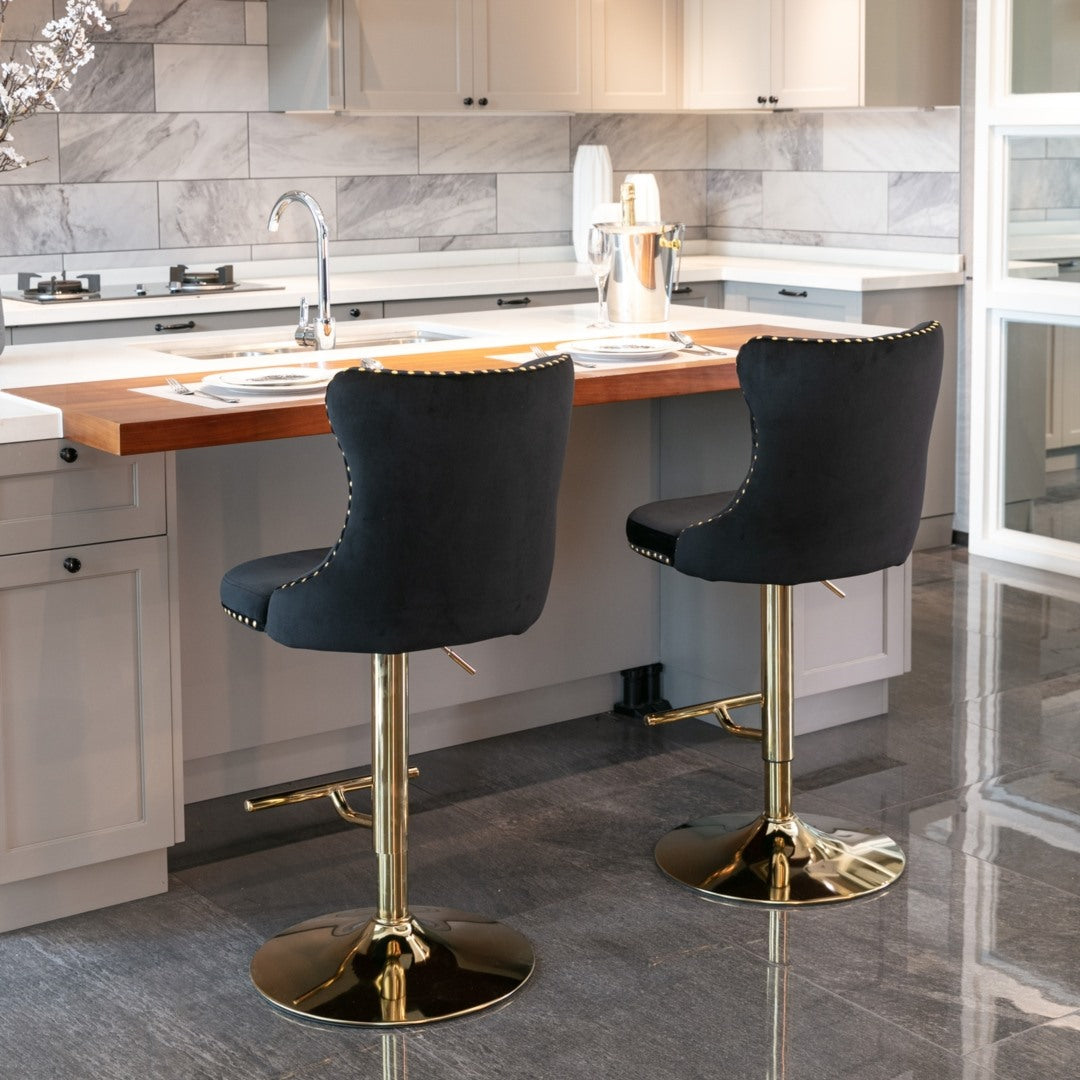 4x Height Adjustable Swivel Bar Stool Velvet Studs Barstool, Black