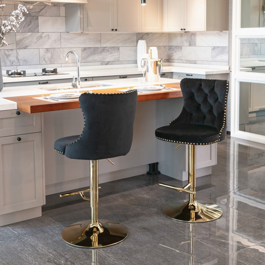 4x Height Adjustable Swivel Bar Stool Velvet Studs Barstool, Black